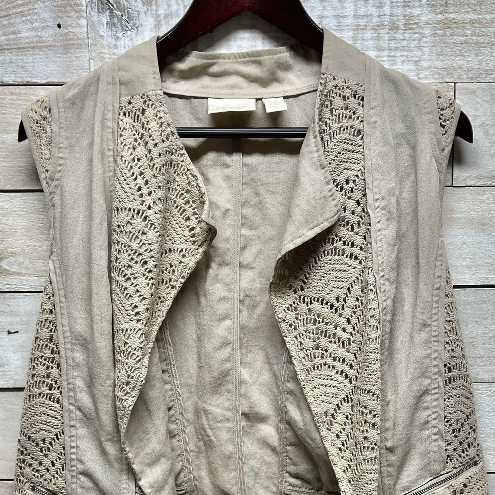 Chicos Vest Womens 2 US Large Beige Crochet Sleeveless Open Front‎ Asymetrical - Picture 2 of 9